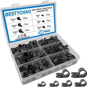 Nylon R Clip,180 Pièces De 6 Tailles De Serre-Câbles En Nylon De Type R,Serre-Fils De Type P Kit D'assortiment De Serre-Câbles Pour La Gestion Des Câbles(Noir) - Neuf