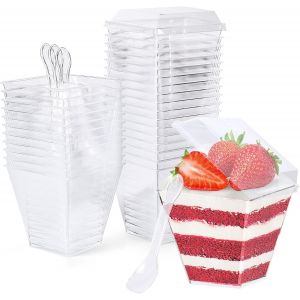Mevronisshop-30 Pièces Tasses À Dessert Avec Couvercles & Cuillères, Verrine Plastique Gobelets À Dessert Carrés 240ml/8.4oz, Pour Pudding, Mousse, Crème Glacée, Anniversaire, Mariages - Neuf