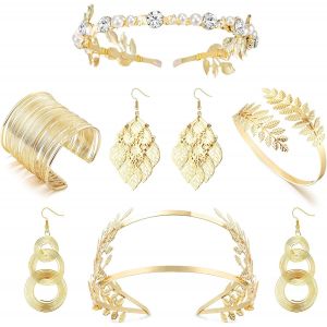 Ensemble De Boucles D'oreilles 6 Pcs Déesse Grecque Costume Accessoires Ensemble Pour Femmes Feuille De Laurier Doré Couronne Bandeau Feuille Dangle Bobine Supérieur Bracelet Bijoux - Neuf