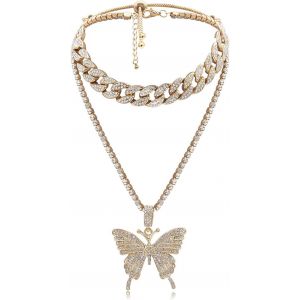 Trahoo-Ensemble De Collier Papillon Cubain Avec Pendentif Hip Hop Pour Femme - Avec Strass Bling - Accessoire De Mode Pour Les Amateurs De Hip Hop - Pour Femmes Et Filles - Doré - Neuf