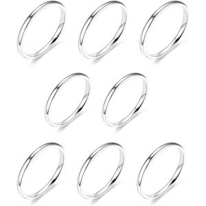 Kahfl-Bagues Pour Femme,8 Bagues Pour Femmes,Bagues Moyennes Empilables De 1,5 Mm,Ensemble De Bagues Fines En Acier Inoxydable Pour Femmes,Tailles 5-12 (Argent) - Neuf