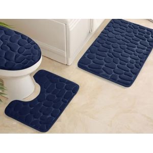 Ensemble de 3 tapis de bain bleus avec fond en mousse et PVC - Neuf