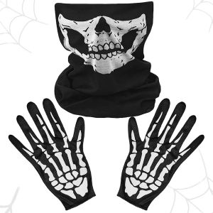 Masque Squelette,Gants De Squelette,Gants De Masque De Visage Pour Halloween,Masque De Sport Noir Avec Motif Squelette Pour Carnaval,Halloween,Cosplay,Carnaval,Moto,V&eacute;lo,Ski,Noir ,1 - Neuf