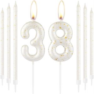 Bougies d'anniversaire en or blanc et en forme de chiffre 38 pour anniversaire de mariage-Bougies d'anniversaire pour homme et femme-D&eacute;coration de g&acirc;teau d'anniversaire de mariage - Neuf