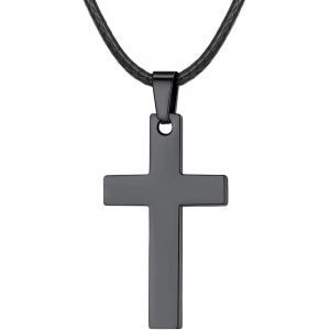 Kal-Collier Croix Pendentif Personnalisé Avec Collier Cuir Corde Tressé 2mm 22-26U201d(55/60/65cm) Croix Chretienne Acier/Noir/Bleu/Rose Or/Or 18k Bijoux Religieux Pour Homme Femme Cadeau Baptême - Neuf