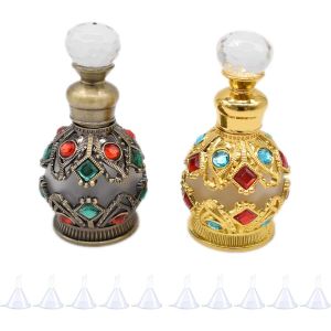 2 Pi&egrave;ces R&eacute;tro Bouteille de Parfum,Rechargeable Vide Bouteille,Mini Flacons de Parfum D'huiles,Bouteille de Parfum Vide Vintage,Peut Contenir 15 ml,Avec 10 Entonnoirs(Patine Dor&eacute;e et Cyan) - Neuf