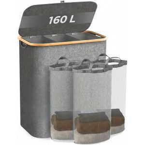 MEVRONISSHOP-Panier &agrave; Linge 160L avec Couvercle et 3 Compartiments, Grande Corbeille &agrave; Linge Pliable avec Sac Int&eacute;rieur Amovible et Poign&eacute;es, Id&eacute;al pour Salle de Bain, Chambre et Buanderie - Neuf