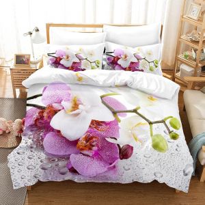 Parure De Lit Imprimée En 3d Avec Housse De Couette Et Taies D'oreiller Motif Orchidée, Papillon Et Fleurs Roses - Neuf