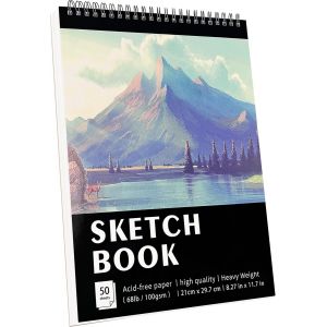 KALANKA-Carnet de croquis A4 à reliure spirale, 50 Feuilles / 100 Pages, 100 g/m² Bloc de Dessin, Papier de Dessin Artistique Sans Acide, Bloc de Peinture, Écriture et Croquis - Neuf