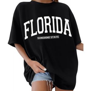 Tee Shirt Femme Oversize &Agrave; Col Rond Manches Courtes Florida Imprim&eacute; De Lettres Grande Taille Haut Femme D'&eacute;t&eacute; D&eacute;contract&eacute; Tshirt Long Tunique Casual Loose Cr&eacute;atives Coton - Neuf