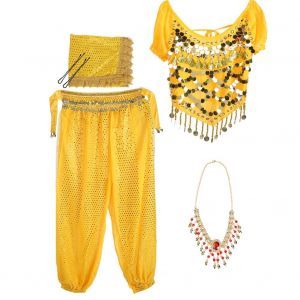 Ensemble De Danse Orientale Pour Femme, Avec Decoration En Metal, Costume De Performance Exotique (Jaune) - Neuf