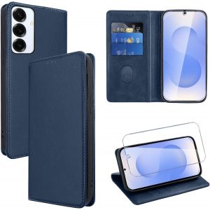 Kal-Coque Cuir Pour Samsung Galaxy S25 Plus 6.7"" Avec 1 Verre Trempé Etui À Rabat En Pu Porte-Cartes Portefeuille Support Flip Housse Magnétique Antichoc Anti-Rayures Case,Bleu - Neuf