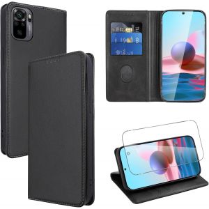 Kalanka-Coque Cuir Pour Xiaomi Redmi Note 10 4g/10s 4g 6.43"" Avec 1 Verre Trempé Etui À Rabat En Pu Porte-Cartes Portefeuille Support Flip Housse Magnétique Antichoc Anti-Rayures Case,Noir - Neuf