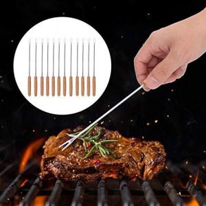 ASFASFq-Ensemble de 12 Fourchettes et Brochettes de Barbecue en Acier Inoxydable avec Manche en Bois, Bâtonnets à Pain Portables, Bâtonnets à Rôtir, Brochettes de Kebab pour Barbecue, - Neuf