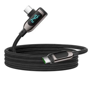 JGD-240W C&acirc;ble USB C vers USB C &agrave; angle droit [2M],C&acirc;ble de charge rapide de type C tress&eacute; en nylon avec affichage LED pour lPhone 16/15 Pro Max, Galaxy S25/S24 Ultra, MacBook, Laptop,Noir - Neuf