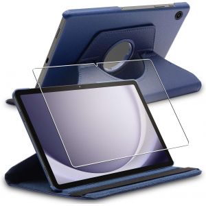 Coque Pour Samsung Galaxy Tab A9+ (2023) Sm-X210, Etui Rotatif 360, Housse Protection Pu Cuir, Bleu Foncé + Verre Trempé.[F4832] - Neuf