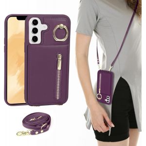 Maa-Coque Pour Samsung Galaxy A15 Coque Etui Avec Sangle Réglable Portefeuille En Cuir Anti-Rfid Pochette Magnétique Flip Case Étui Cover Housse Protection Avec Anneau-Violet Fonce - Neuf