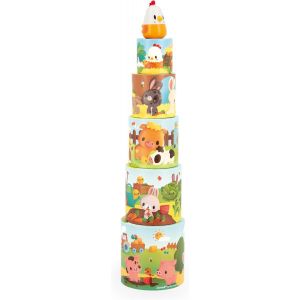 KALANKA-- Ma Première Pyramide - Animaux de la Ferme - Jouet d'Éveil - 5 Cubes à Empiler + 1 Poule en Bois - Développe Dextérité et Imagination - Dès 12 Mois,J03310, Vert/Rose - Neuf