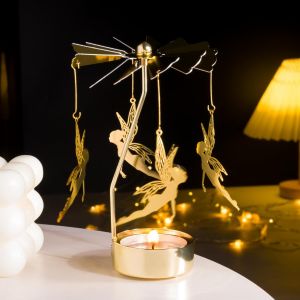 KALANKA-Photophore carrousel doré rotatif avec fée fantaisie pour décoration de table, bougie chauffe-plat en métal pour décoration de salon, bougeoir pour Noël, Saint-Valentin, mariage, décoration d - Neuf