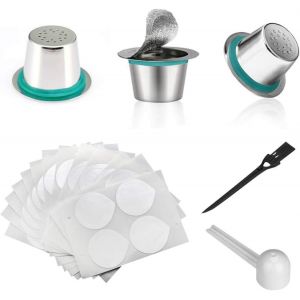 CHAAS-3 Pi¿¿ces Rechargeables en Acier Inoxydable Capsules de Caf¿¿ Tasse avec 60 Caf¿¿ Aluminium film Couvercles R¿¿utilisables Capsule de Caf¿¿ Filtre Compatible avec les machines d'origine Nespres - Neuf