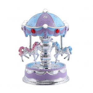 Bo&icirc;te &Agrave; Musique En Plastique Carrousel Avec Lampes De Poche Led Cadeau Musical 3 Chevaux (Violet) - Neuf