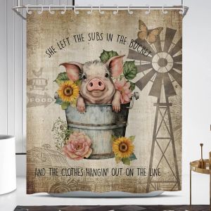 Rideau de Douche drôle 120x200 cm,Vintage drôle Rose Cochon Fleurs Tournesol Papillon Lavables Textile Rideau de Bain imperméable pour Baignoire avec 8 Crochets - Neuf