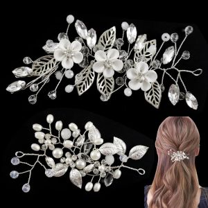 Kal-2 Pièces Mariage Feuilles Vignes De Cheveux Argent Fleurs De Mariage Cheveux Vigne Mariée Perle Bandeau De Mariage Bandeau Perlé Pour Femmes Et Filles - Neuf