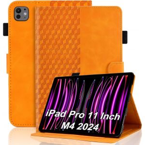 &Eacute;tui de protection pour iPad Pro 11"" M4 (2024) - En cuir de qualit&eacute; sup&eacute;rieure - Avec fente pour carte de veille/r&eacute;veil automatique - Support multi-angle - Orange - Neuf