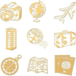 9pcs 4x4cm Autocollants En Métal Doré Autocollants De Thème De Voyage Autocollants Autocollants De Carte D'avion Autocollants De Passeport Autocollants Pour Résine Époxy Art Crafts Decor - Neuf