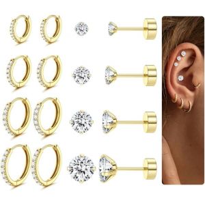8 Paires Lot Boucles D'oreilles Femme Acier Inoxydable 316l Hypoallergénique Piercing Oreille Plaqué Or 14k Boucles D'oreilles Creoles Clous D'oreilles Or/Argent Piercing Cartilage Helix.[X1177] - Neuf