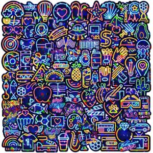 100 Pcs Neon Autocollant Holographique Stickers, Graffiti Vinyle Imperméable Sticker Pour Scrapbooking Journaling Pc Ordinateur Portable Skate Bouteille Mug Valise Guitare - Neuf