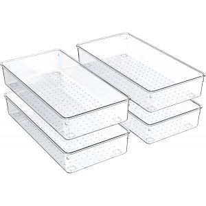 Lot De 4 Grands Plateaux De Rangement Transparents Avec Patins Antidérapants,Séparateurs De Tiroir En Plastique Pour Cosmétiques,Outils,Cuisine,Salle De Bain Et Bureau. - Neuf