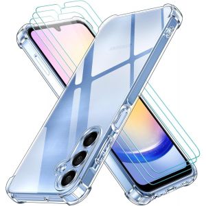 4 En 1 Coque Pour Samsung Galaxy A25 5g Avec 3 Pièces Verre Trempé, Ultra Transparent Étui De Protection En Silicone Antichoc, Souple Tpu Anti-Rayures Bumper Housse - Neuf