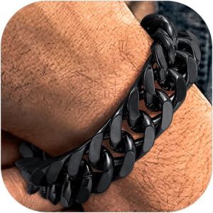 Eryi-Bijoux Punk Hip Hop - Gourmette Homme Plaqué Or/Noir/Acier Inoxydable 19/21/23cm De Longueur - Chaîne Bracelet Maille Grosse 8/12/17mm De Largeur, Bracelets Cadeau Pour Homme Garçon - Neuf