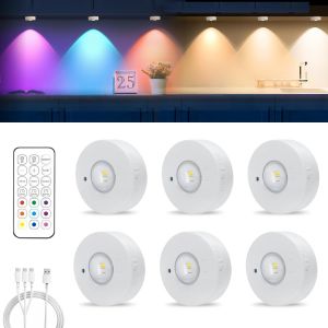 Eclairage D'armoire,Sans Fil Led Rechargeable Aimantée,3 Températures De Couleur + 9 Rgb Lumiere Led Vitrine,Dimmable Lampe De Placard Pour Vitrine,Armoire,Cuisine[6 Pièces] - Neuf