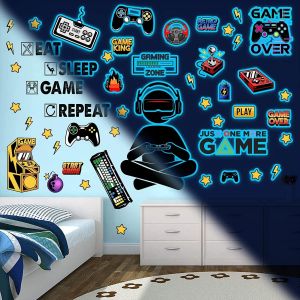 Eryi-Stickers Muraux Enfant Gaming Lumineux Autocollant Muraux Lumineux Jeux Video Amovible Autocollant Pour Gamer Enfant Garçons Chambres Game Zone Décoration Bleu - Neuf
