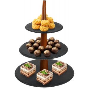 Présentoir 3 Étages En Ardoise Naturelle & Bois Massif Ø25/20/15 Cm,Support À Gâteaux Stable Avec Patins Antidérapants,Idéal Pour Cupcakes,Desserts,Fruits,Apéritifs,Mariage & Fêtes - Neuf
