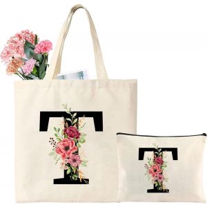 Sjzg-Sac Fourre-Tout En Toile Avec Initiale, Sac Cadeau Personnalis&eacute; Avec Trousse De Maquillage Florale, Adapt&eacute; Pour Mariage, Anniversaire, Plage, Vacances, Excellent Cadeau Pour Femme, Maman - Neuf