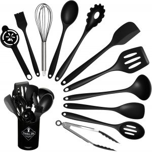 Mevronisshop-Set Ustensile Cuisine 12 Pi&egrave;ces En Silicone Alimentaire, Ustensiles De Cuisine Sans Bpa, Lavable Au Lave-Vaisselle, Noir - Neuf