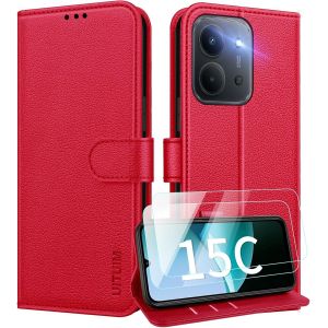 ELVORIX-Coque pour Xiaomi Redmi 15C 5G/4G Coque Etui Portefeuille Cuir avec 2 Verre Tremp&eacute; Protection &Eacute;cran Porte Carte Rabat Clapet Flip Case &Eacute;tui Housse Etui pour Redmi 15C 5G/4G,Rouge - Neuf