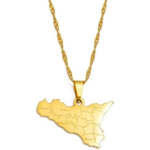 Kal-Italie Sicile Contour Carte Pendentif Collier - Pays Villes Nom Imprimer Charme Chaîne Patriotique Dainty Bijoux, Style Ethnique Italien Hip-Hop Femmes Hommes Unisexe Cadeaux,Jaune,Taille Unique - Neuf