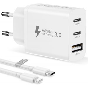 TRAHOO-Chargeur 30W avec Cable USBC Lightning 3M pour iPhone 14/13/13 Pro Max/12/12 Mini/11/XS/XS Max/XR/SE/8 Plus/iPad, 3 Ports Chargeur Multi USB Charger Prise USB C Charge Rapide Adaptateur Secteu - Neuf