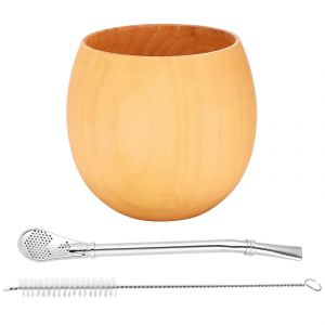 Tasse D'eau À Café En Bois Faite À La Main Avec Cuillère Brosse À Paille 200ml (Light) - Neuf