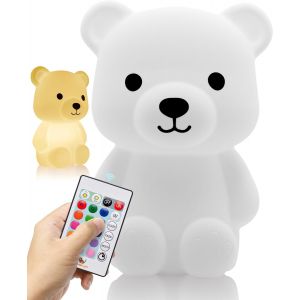 ® Veilleuse Bébé & Enfant Ourson Rechargeable Sans Fil ¿ 16 Couleurs + 3 Intensités De Lumière ¿Lampe De Chevet Tactile En Silicone Multifonction Avec Télécommande - Batterie Longue Durée - Neuf