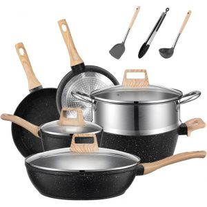 Jexnovashop-Lot De 12 Po&ecirc;les &Agrave; Induction - Rev&ecirc;tement En Granit Antiadh&eacute;sif - Noir - Set De Casseroles &Agrave; Induction - Neuf