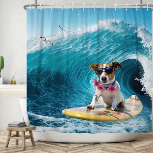Rideau De Douche Drôle 150x180 Cm,Été Drôle Chien Océan Skateboard Surf Mouette Lavables Textile Imperméable Rideau De Bain Pour Baignoire Avec 12 Crochets - Neuf