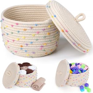 Panier Rangement avec Couvercle - Corbeille Rangement Décorative pour Plantes, Jouets, Bébés, Collations, Linge - Panier en Corde de Coton Tissé - Crème & Points Colorés 16 x 25 cm - Neuf