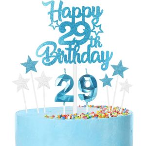 Sjzg-Lot De 29 Bougies D'anniversaire Bleues Pour Le 29e Anniversaire De Garçon, Décoration De Gâteau Pour Garçon Et Fille, Bleu Et Argent, Avec Étoile, Pour Filles Et Garçons - Neuf