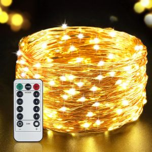 Guirlande Lumineuse En Fil De Cuivre 8 Modes Alimentée Par Usb, Télécommande Adaptée À La Décoration De Noël De La Maison De Fête De Mariage, Guirlande Lumineuse 20m 200 Led Ip65 Blanc Chaud - Neuf