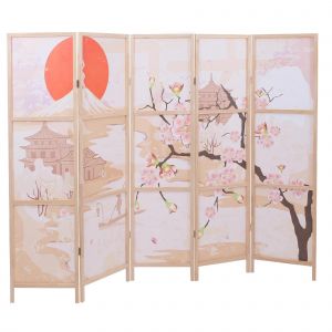 Paravent HWC-O70, cloison de s&eacute;paration, protection visuelle, s&eacute;paration de pi&egrave;ce, motifs naturels, bois, MVG, poly&eacute;thyl&egrave;ne, 170 x 227 cmfleurs de cerisier - Neuf